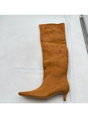 miss left Women Stretchy Knee High Boots Square Toe Low Kitten Heels Brown